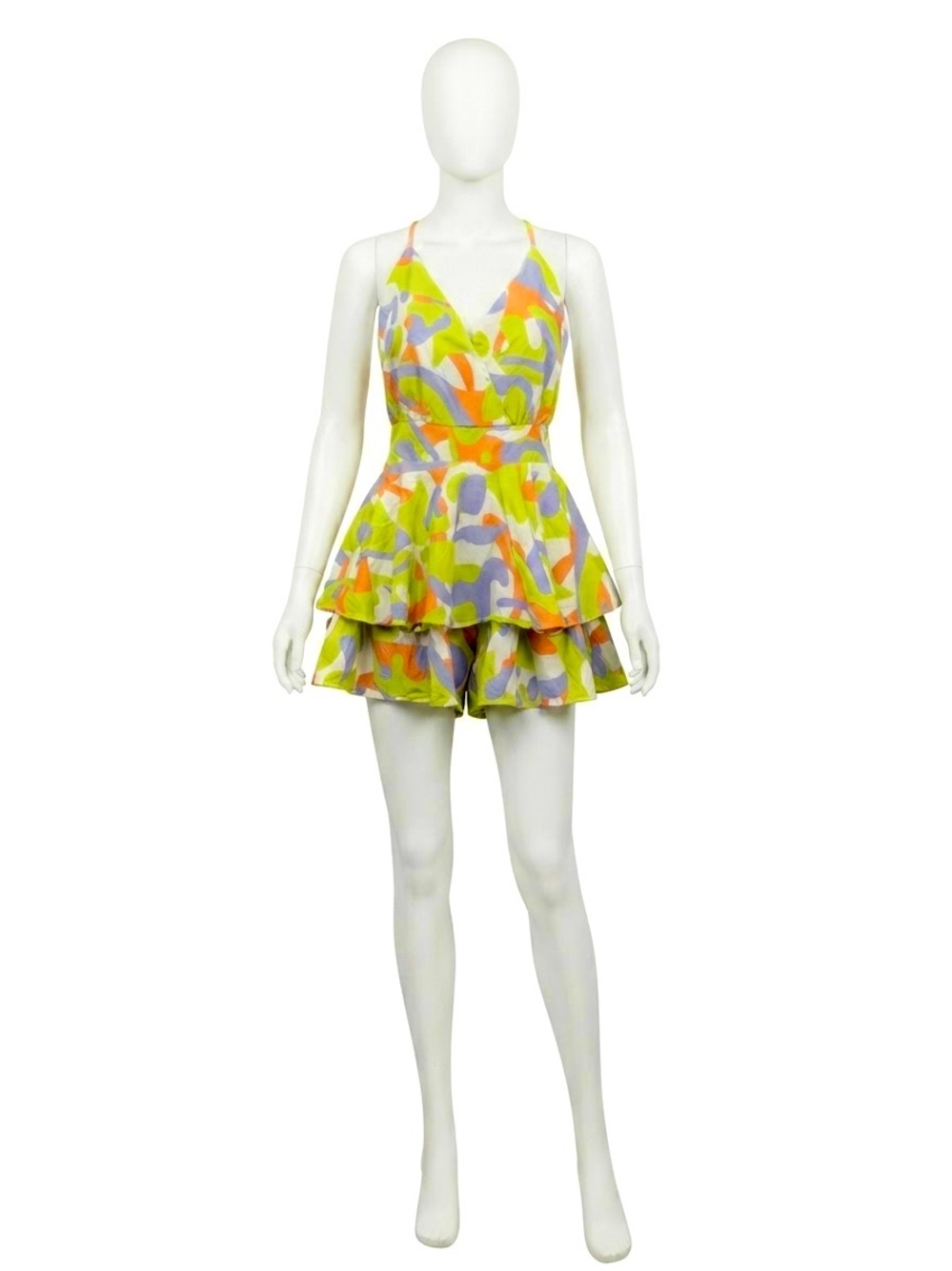 Única Vibrant Abstract Print Tiered Ruffle Romper Skort Cross Back Junior S/M